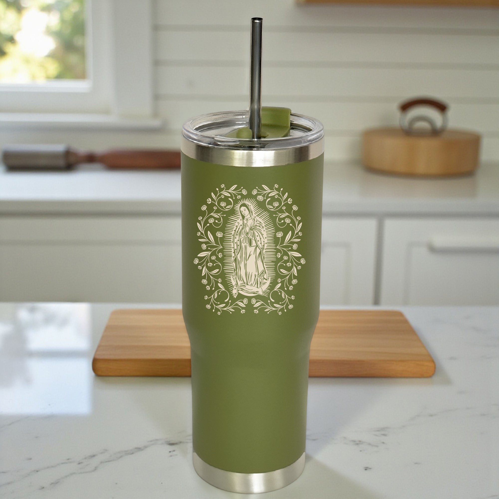 Green Our Lady of Guadalupe Stainless Steel Tumbler with Straw