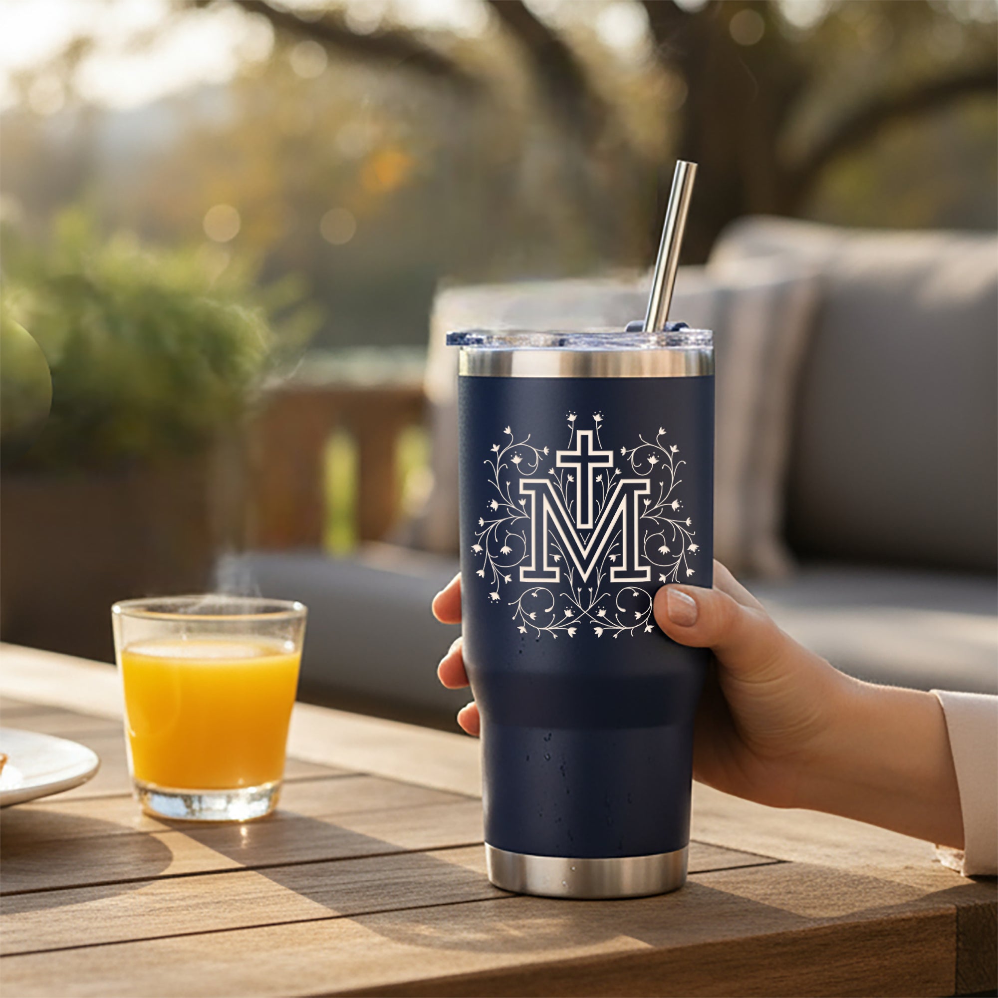 Personalized Floral Marian Cross Tumbler with Straw