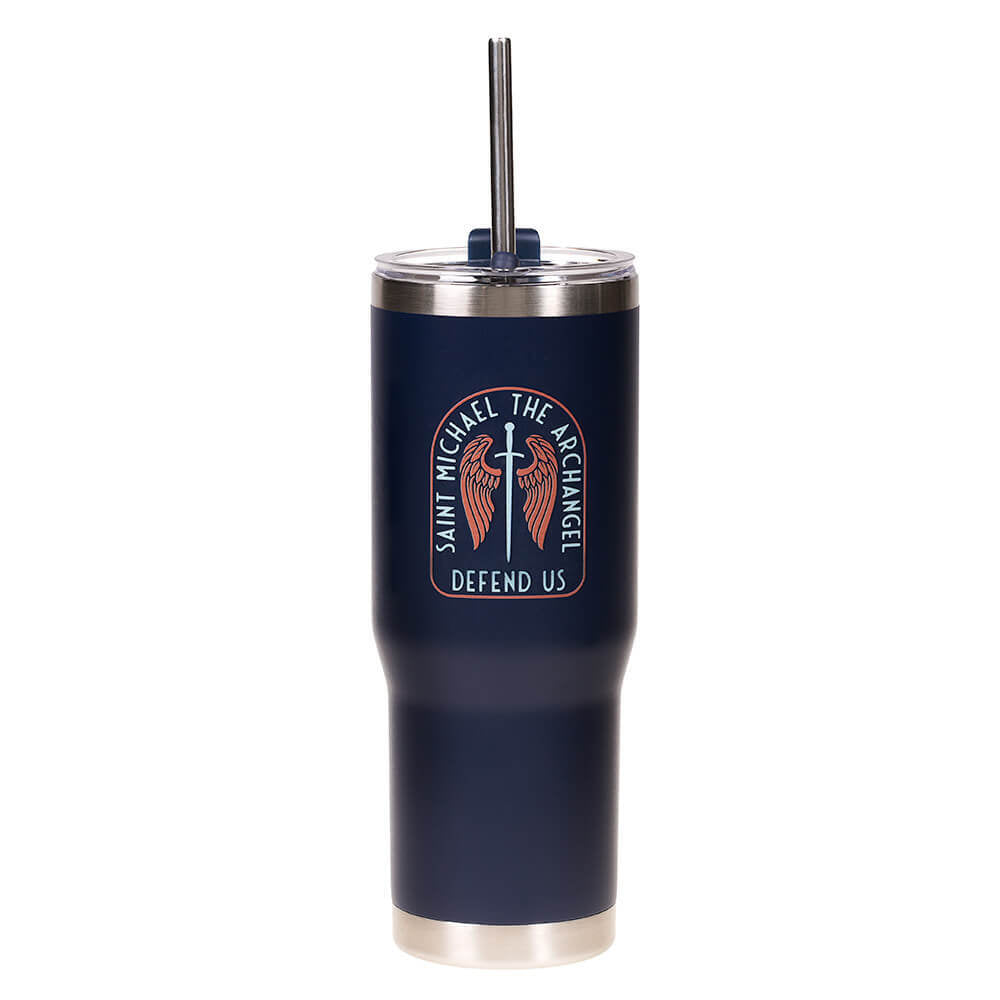 Personalized St. Michael Sword & Shield Tumbler with Straw