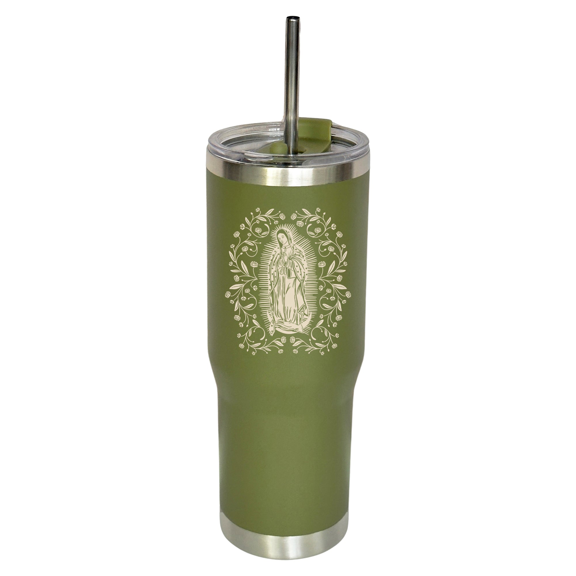 Green Our Lady of Guadalupe Stainless Steel Tumbler with Straw