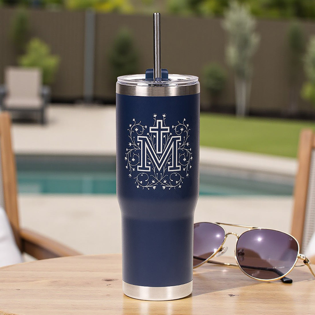 Personalized Floral Marian Cross Tumbler with Straw