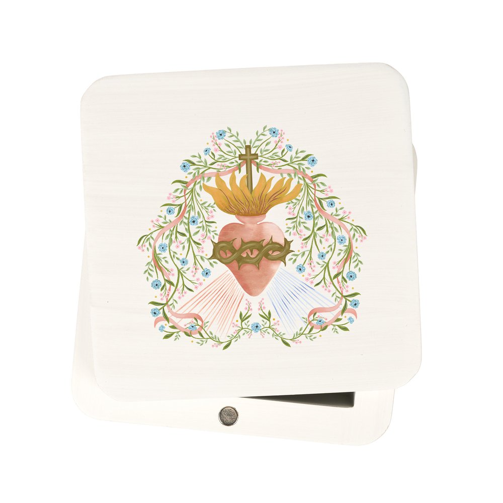 Floral Divine Mercy Sacred Heart Rosary Keepsake Box