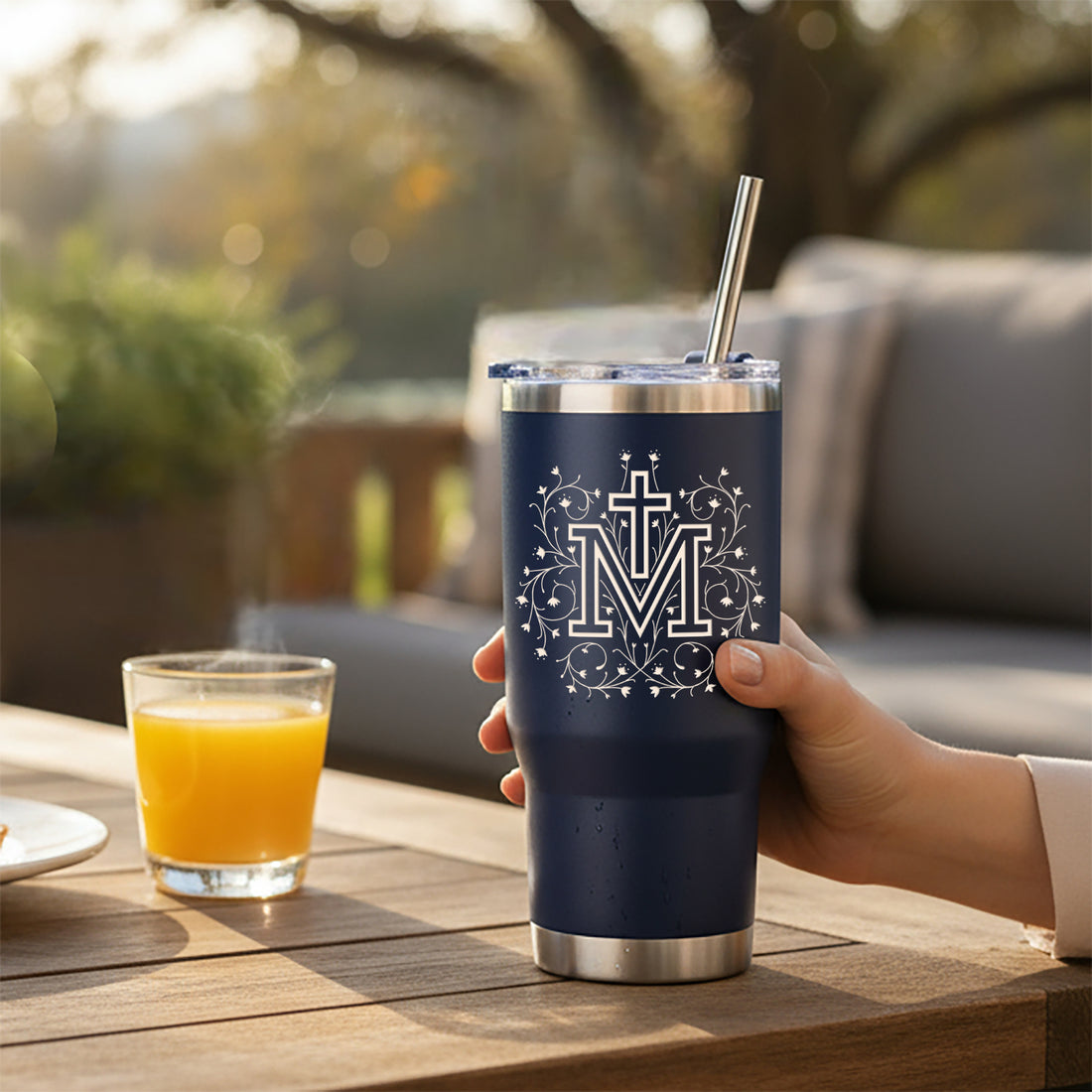 Personalized Floral Marian Cross Tumbler with Straw