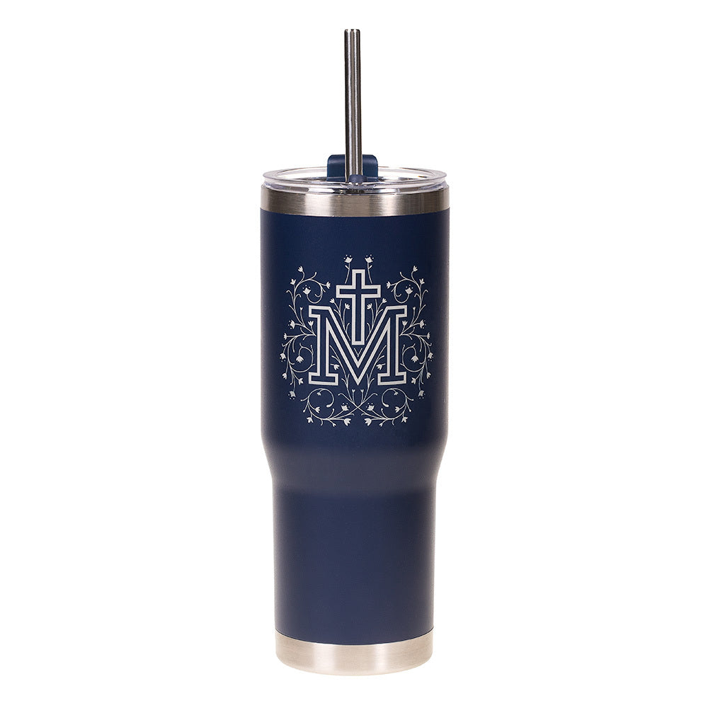 Personalized Floral Marian Cross Tumbler with Straw