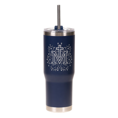 Personalized Floral Marian Cross Tumbler with Straw
