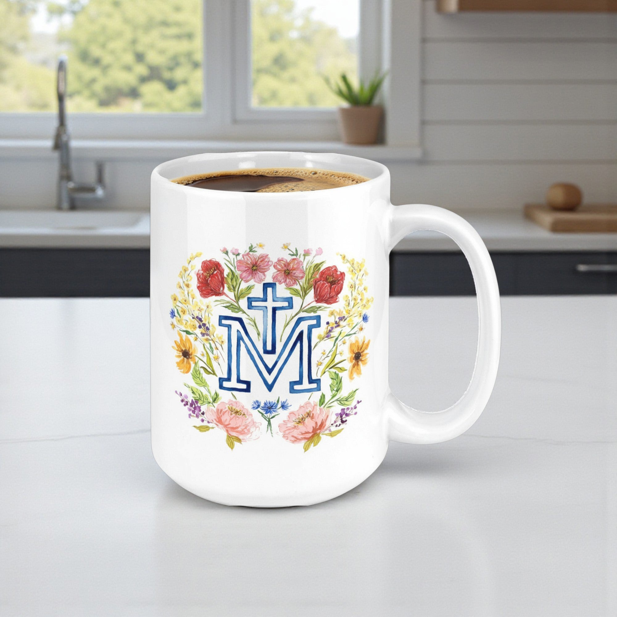 Floral Marian Cross Coffee Mug