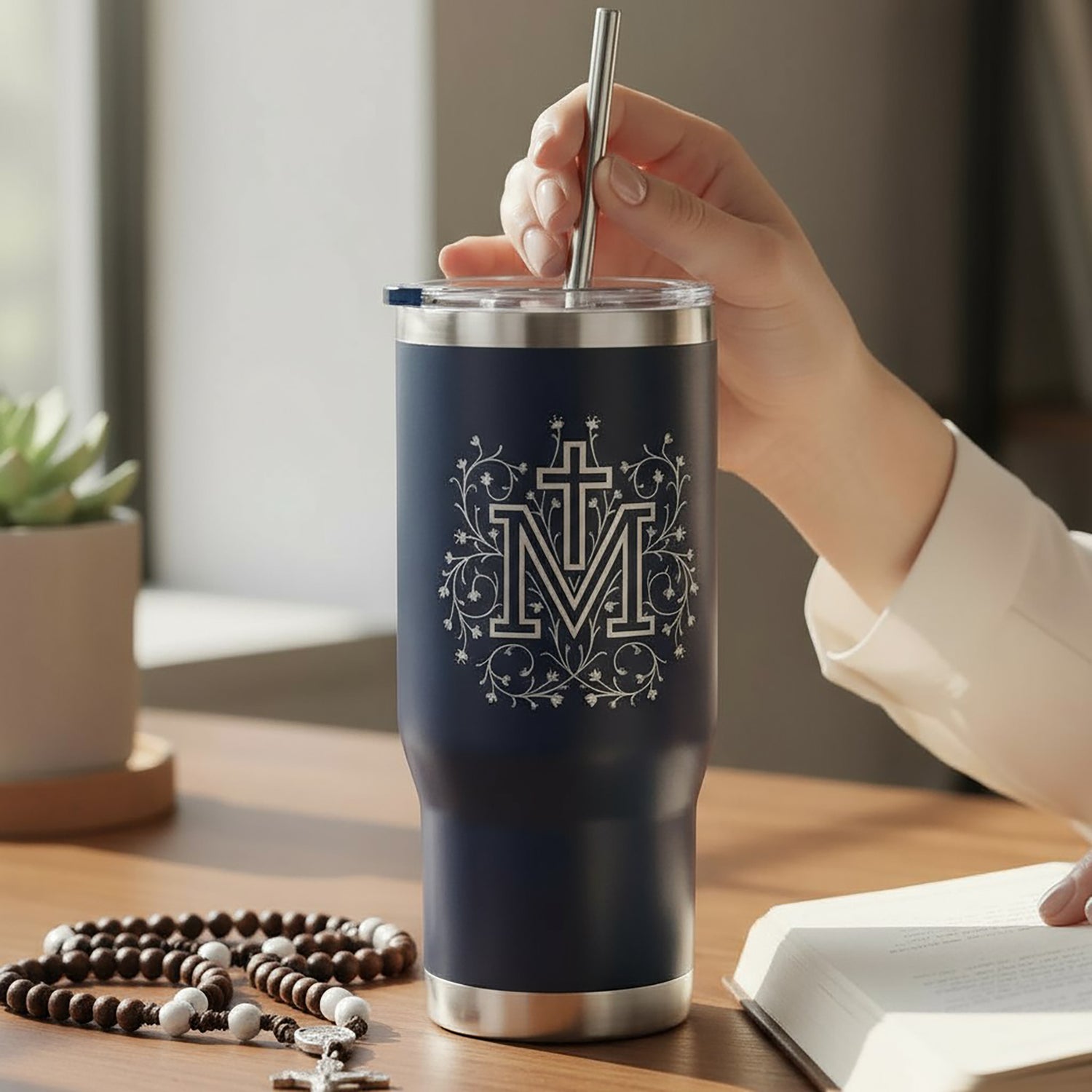 Personalized Floral Marian Cross Tumbler with Straw
