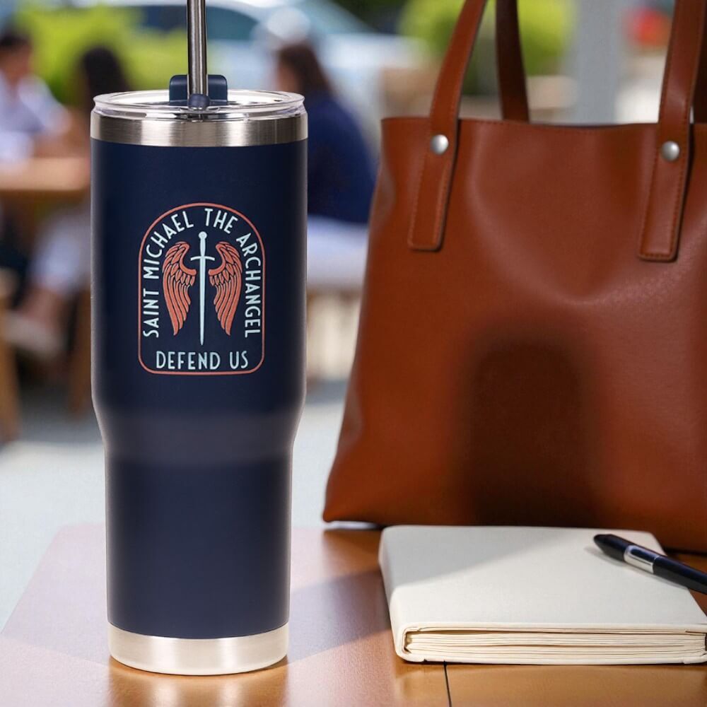 Personalized St. Michael Sword &amp; Shield Tumbler with Straw