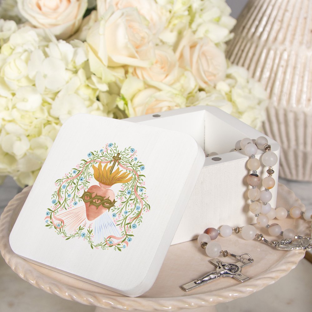 Floral Divine Mercy Sacred Heart Rosary Keepsake Box