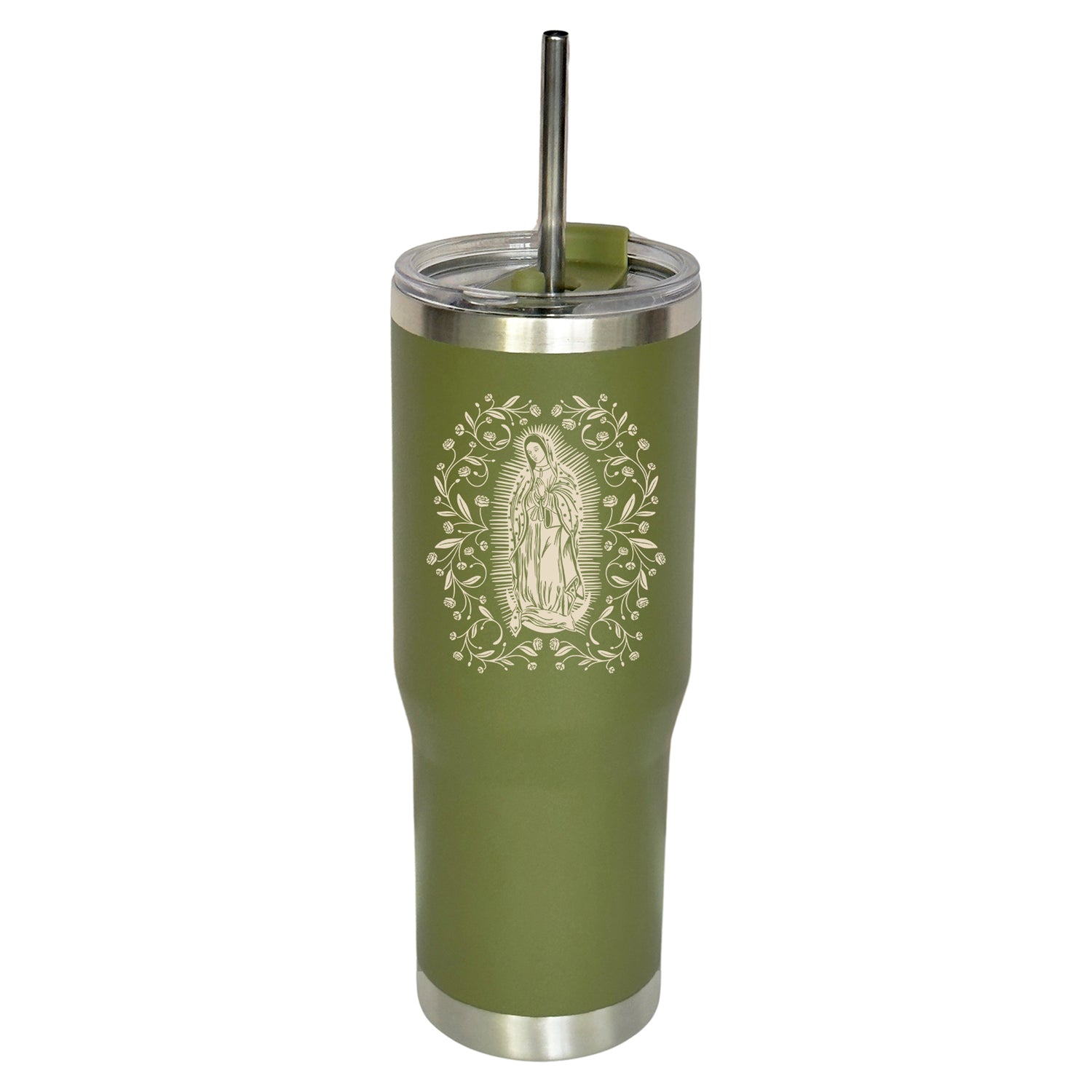 Green Our Lady of Guadalupe Stainless Steel Tumbler with Straw