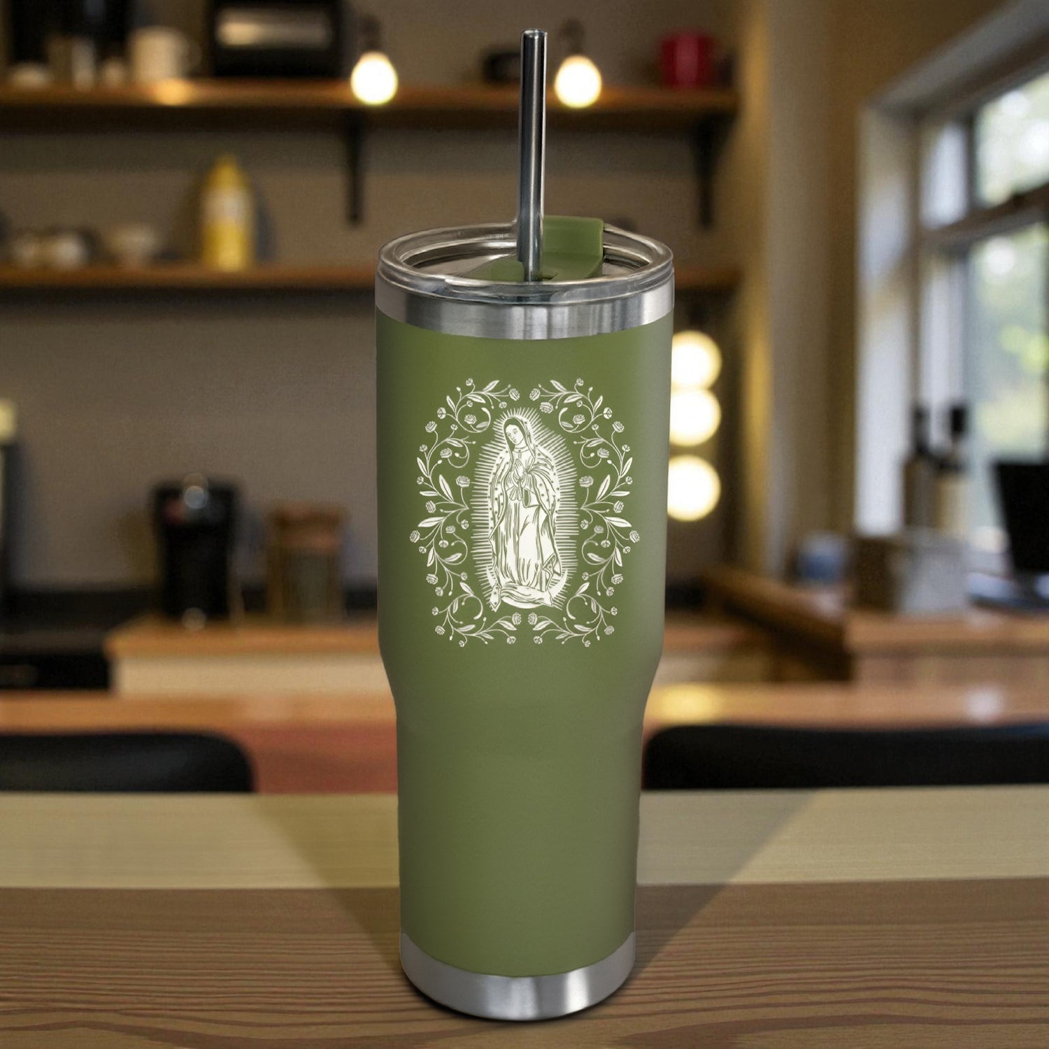 Green Our Lady of Guadalupe Stainless Steel Tumbler with Straw